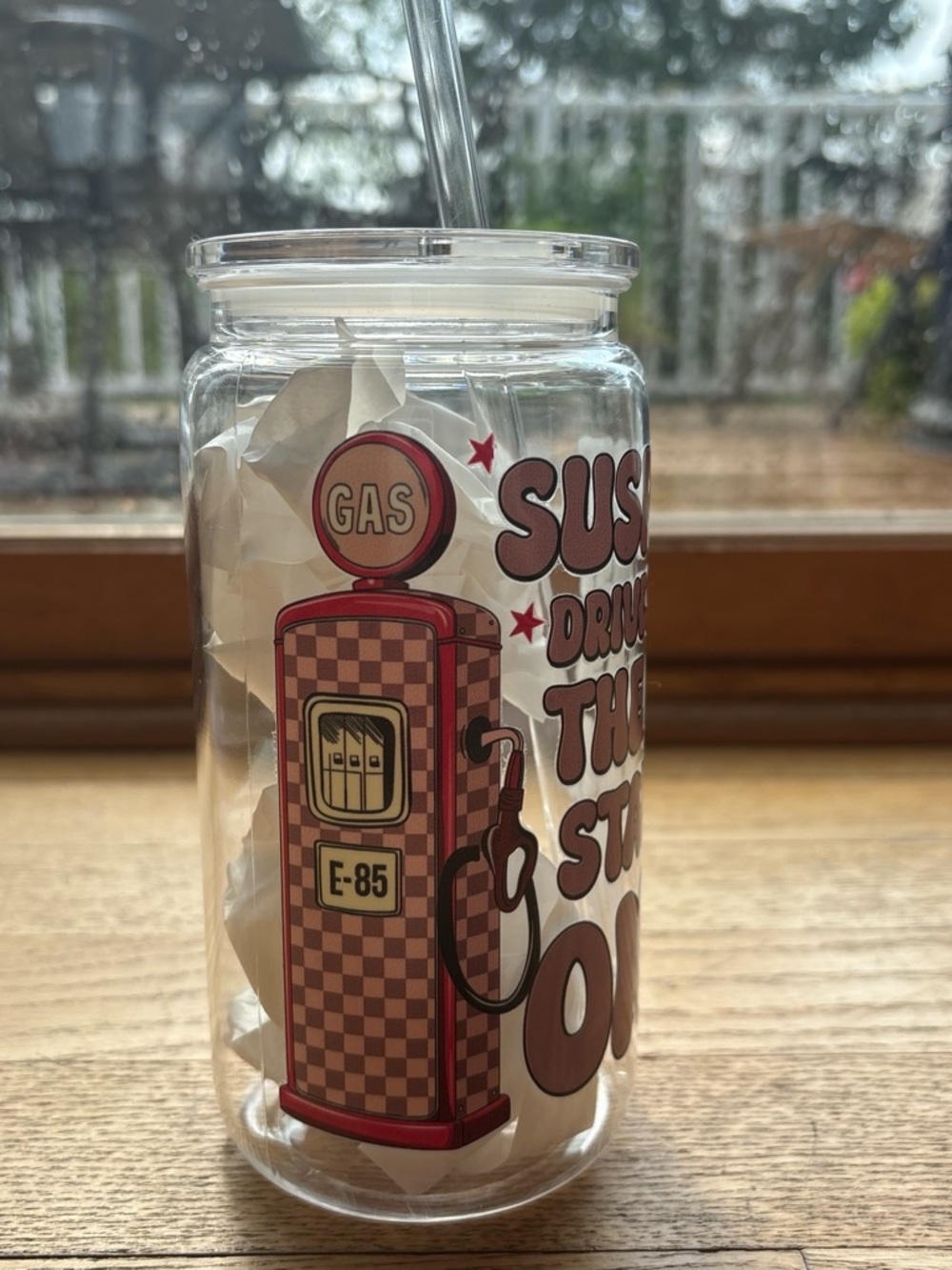 Vintage Gas Pump Acrylic Tumbler with Straw - Red & Brown Graphic